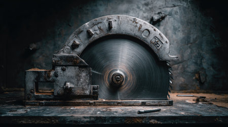 A vintage circular saw rests on a weathered wooden table, embodying the spirit of craftsmanship and industrial design, surrounded by dust and a rustic workshop atmosphere.の素材