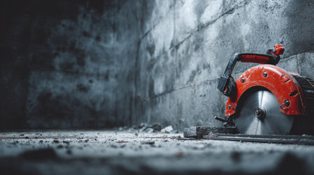 This image showcases an orange power cutter positioned on a rough concrete surface within an industrial setting, emphasizing tools and materials in a dark space.の素材