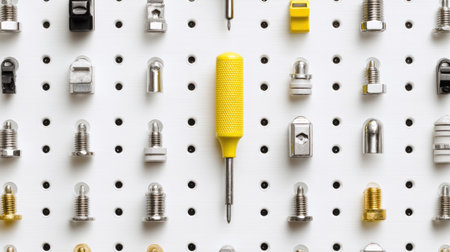 A vibrant yellow screwdriver stands out among an assortment of metal fasteners on a pegboard. This image captures the essence of organization in a workshop environment.の素材