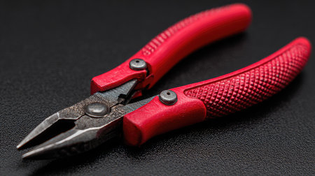 Close-up view of red-handled pliers resting on a dark background, highlighting their utility and design. Ideal for DIY enthusiasts and repair professionals.の素材