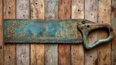 A beautiful vintage hand saw featuring a unique patina and detailed engravings on its metallic surface. The rustic wooden background adds depth, ideal for design projects.の素材