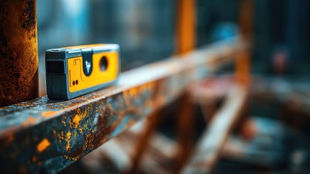 A vintage film camera sits on an industrial railing, creating a striking visual contrast. The vibrant orange and blue tones add depth to this creative photography piece.の素材