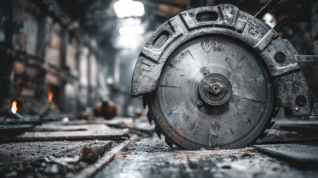 A close-up view of a circular saw sitting on a dusty floor in an abandoned warehouse, emphasizing the industrial decay and forgotten tools in a haunting atmosphere.の素材