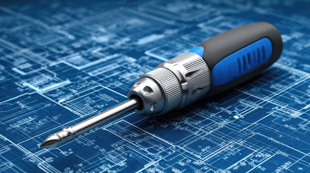 This high-resolution image features a screwdriver resting on a detailed blueprint background, ideal for themes in construction, engineering, and design projects.の素材