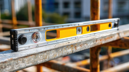 A close-up shot of a yellow spirit level resting on a scaffolding bar highlights the importance of precision in construction projects. Ideal for builders and DIY enthusiasts.の素材