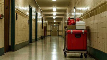 An empty hallway features a red cooler on a trolley, highlighting vintage architecture and practical design. Ideal for themes of maintenance and organization.の素材