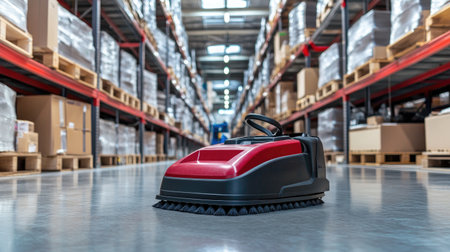 A modern floor cleaning machine sits on the polished surface of a spacious warehouse. This image captures the essence of efficient cleaning in an organized and bright storage environment.の素材
