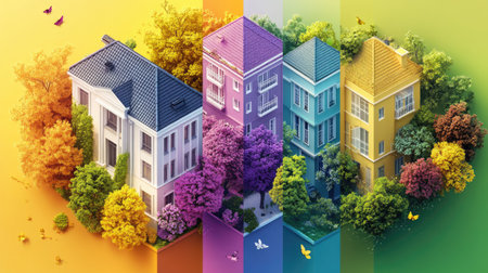 This artistic illustration features a collection of vibrant, modern houses surrounded by lush greenery and colorful trees, evoking feelings of tranquility and happiness.の素材
