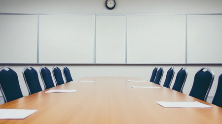 This image captures a spacious conference room featuring a long wooden table surrounded by blue chairs, ready for meetings, discussions, and presentations.の素材