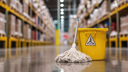 A bright yellow cleaning bucket and mop are prominently placed in a wide warehouse aisle, emphasizing the importance of cleanliness and maintenance in commercial settings.の素材