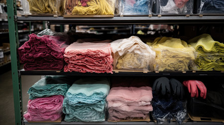 A well-organized display of vibrant fabric rolls in various colors sits on shelves, showcasing materials ideal for crafting, sewing, and home decor projects.の素材