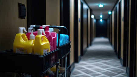 A well-organized cart filled with vibrant cleaning supplies stands in a dimly lit hotel hallway, showcasing a professional environment focused on sanitation and service efficiency.の素材
