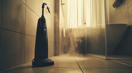 A sleek steam cleaner stands beside a bathtub in a bright bathroom, with warm light creating a misty atmosphere, symbolizing cleanliness and freshness in a serene space.の素材