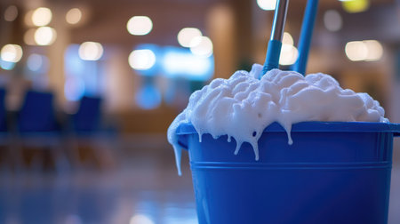 A blue bucket filled with bubbling foam and cleaning mops stands prominently in a well-lit area, symbolizing cleanliness and maintenance in various environments.の素材