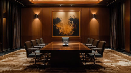 This elegantly designed boardroom features modern furniture and warm lighting, creating a professional ambiance for meetings and conferences. Perfect for corporate settings.の素材