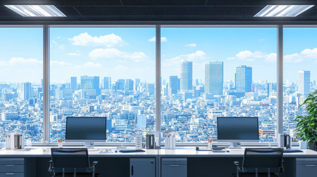 Bright and modern office workspace featuring dual computer setups and a stunning view of an expansive urban landscape filled with high-rise buildings under a vibrant blue sky.の素材