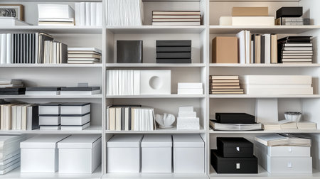 A beautifully organized shelf features an array of boxes and stationery items in varying sizes and colors, showcasing minimalist design that enhances any modern workspace.の素材