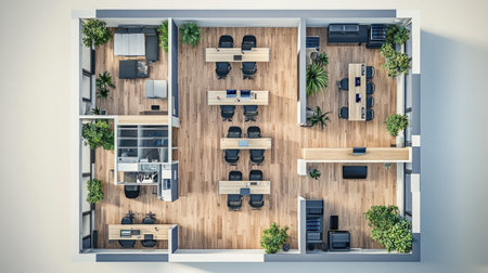 Aerial view of a modern office space showcasing an efficient layout with workstations, meeting room, and greenery for a vibrant and productive environment.の素材