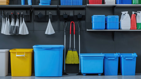 A well-organized garage showcases an array of colorful plastic containers, cleaning tools, and efficient storage solutions for a clutter-free and practical home environment.の素材