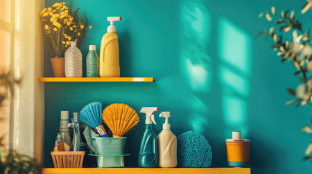 A vibrant arrangement of cleaning supplies on bright yellow shelves against a turquoise wall, showcasing a fresh and organized approach to home cleaning and decor.の素材