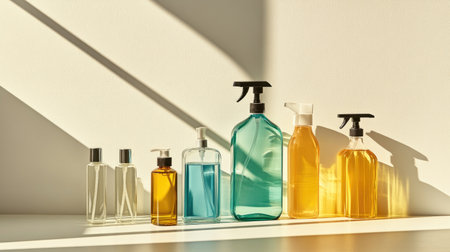 An aesthetic arrangement of various clear and colored bottles on a shelf, showcasing different shapes and textures under soft sunlight, creating a serene atmosphere.の素材