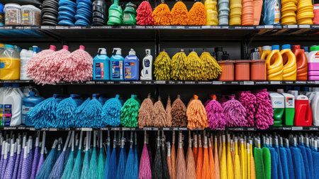 A vibrant arrangement of various cleaning supplies and tools on store shelves. This colorful display showcases mops, brooms, bottles, and sponges, perfect for any home.の素材
