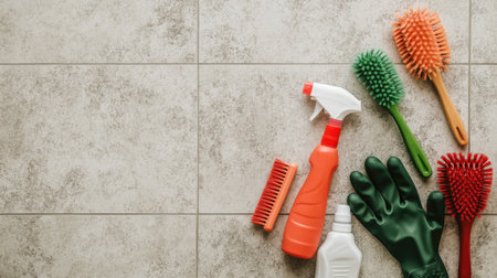 Capture the essence of home cleanliness with this top view image showcasing various cleaning supplies and tools on a grey tile surface, perfect for maintenance.の素材