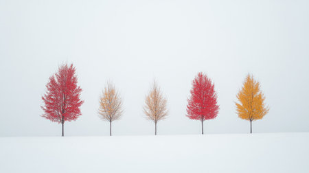 This image showcases five stunning trees displaying vivid red, yellow, and orange leaves, set against a soft foggy background, evoking a serene autumn atmosphere.の素材