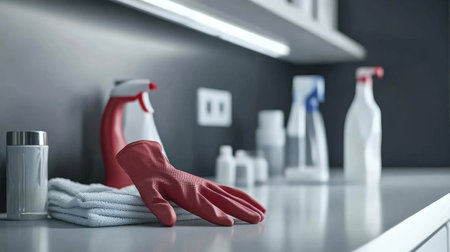A well-organized kitchen counter featuring cleaning supplies, including gloves, towels, and spray bottles, highlighting cleanliness and home maintenance practices.の素材