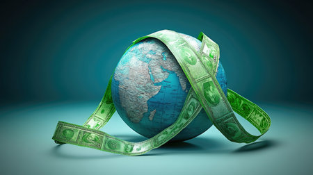 A 3D illustration of a globe encircled by a green dollar bill ribbon, symbolizing the interconnectedness of the global economy and financial growth opportunities.の素材