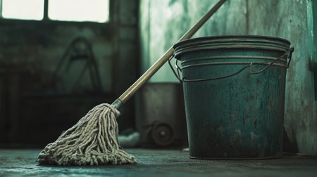 This image features a rustic mop leaning against a weathered bucket, illustrating essential cleaning tools in a dimly lit space, perfect for home or workplace themes.の素材