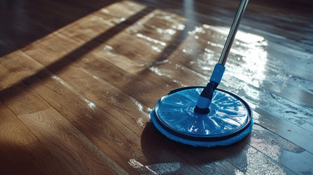 A close-up view showcases a mop gliding over a gleaming hardwood floor, reflecting sunlight. This scene represents a clean and polished home environment, emphasizing cleanliness.の素材