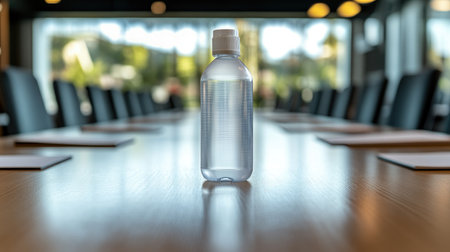 A clear plastic water bottle stands prominently on a polished conference table in a bright meeting room, highlighting the importance of hydration in professional settings.の素材