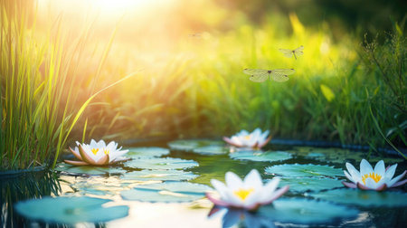 This image showcases a tranquil pond filled with vibrant water lilies, illuminated by soft sunrise light. Dragonflies dance above the water, creating a peaceful atmosphere.の素材