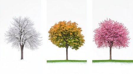 This captivating image captures the transformation of trees across three seasons, showcasing the stark beauty of winter, the warm tones of autumn, and the vivid blooms of spring.の素材