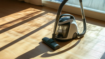 A sleek, modern vacuum cleaner features on a wooden floor, surrounded by soft shadows. Natural light enhances the minimalist space, showcasing cleanliness and organization.の素材
