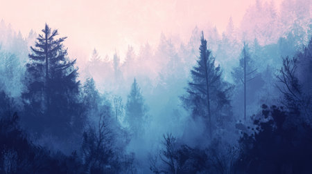 Discover a tranquil forest scene bathed in twilight hues, where mist envelops trees. This serene landscape evokes a sense of peace and inspiration for creativity.の素材