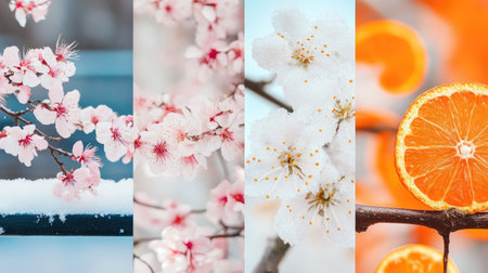 Explore the beauty of nature's transitions through stunning visuals of cherry blossoms, snowy flowers, and fresh citrus slices in a harmonious composition.の素材