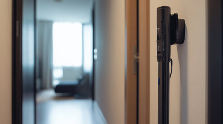 A stylish vacuum cleaner stands against a wall in a modern hallway, highlighting a clean, minimalistic interior. The bright space exudes comfort and contemporary design.の素材