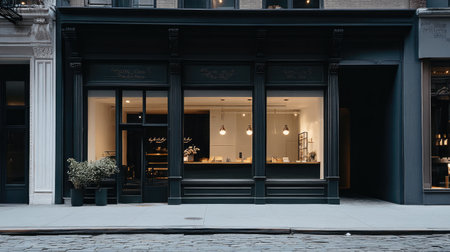 A charming and modern cafe storefront featuring large windows, warm lighting, and a welcoming ambiance. Ideal for showcasing urban lifestyle and design elements.の素材