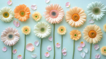 A stunning display of vibrant gerbera daisies showcases a blend of soft colors against a gentle background, creating a serene atmosphere of springtime beauty.の素材