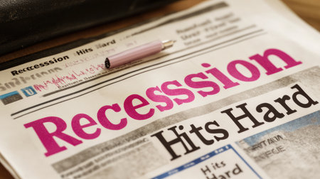 Powerful newspaper headline highlighting the looming recession and its severe impact on the economy, reflecting challenges faced by businesses and consumers alike.の素材