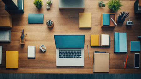 Discover a beautifully organized desk featuring a laptop, notebooks, and stationery enhancing a creative workspace. Ideal for inspiration in productivity and design.の素材