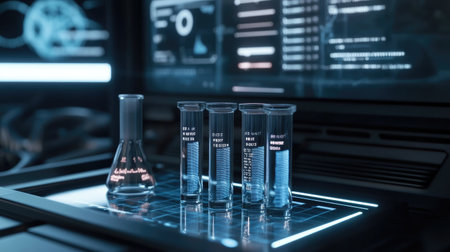 A modern laboratory scene illustrating glass beakers and test tubes next to an advanced digital screen, showcasing data, charts, and graphs in a high-tech environment.の素材
