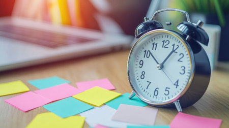 A classic alarm clock sits on a wooden surface surrounded by vibrant sticky notes. This image captures the essence of organization and productivity in a modern workspace.の素材