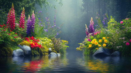 A tranquil lake scene showcases a stunning array of wildflowers in vibrant colors, reflecting in calm waters beneath a misty morning light in a serene forest setting.の素材