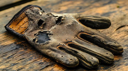 A worn work glove rests on a rustic wooden surface, showcasing significant signs of aging and use. This image represents labor, craftsmanship, and durability in tough environments.の素材