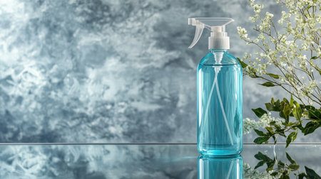 A striking spray bottle filled with blue liquid stands on a reflective surface, surrounded by soft flowers, creating an elegant modern setup perfect for various uses.の素材