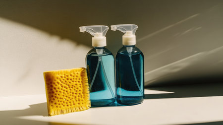 Bright and minimalistic image featuring two clear bottles of blue cleaning solution alongside a yellow sponge, beautifully illuminated by soft natural light.の素材