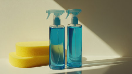Two bright blue cleaning solution bottles with spray nozzles sit beside yellow sponges under soft natural light, creating a clean, organized aesthetic for household maintenance.の素材